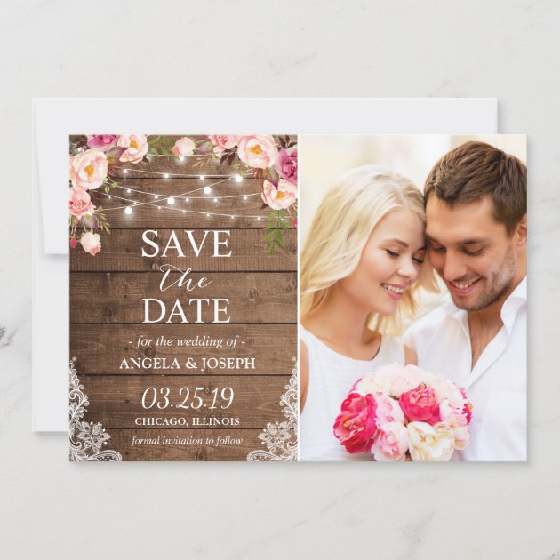 Rustic Floral String Lights Photo Save the Date (front side)