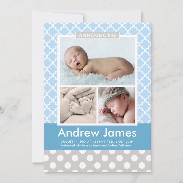 Boy Photo Birth Announcement Card | Modern Pattern (front side)