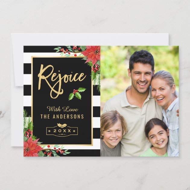 Rejoice Merry Christmas Poinsettia Floral Photo Holiday Card (front side)