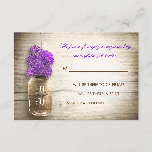 Mason jar and purple flowers wedding RSVP card