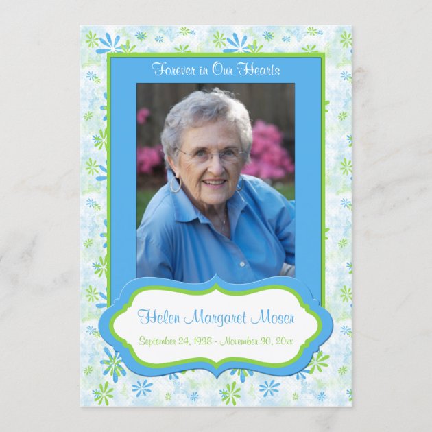 Photo Template | Blue, Green Floral Memorial Card