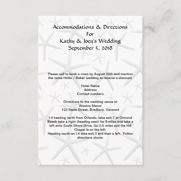 Starfish Wedding Accommodations Directions Cards