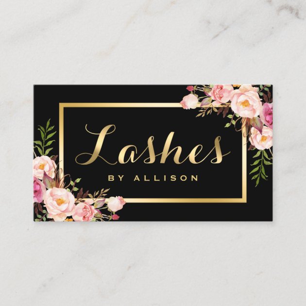 Lashes Script Modern Makeup Black Gold Floral Business Card (front side)