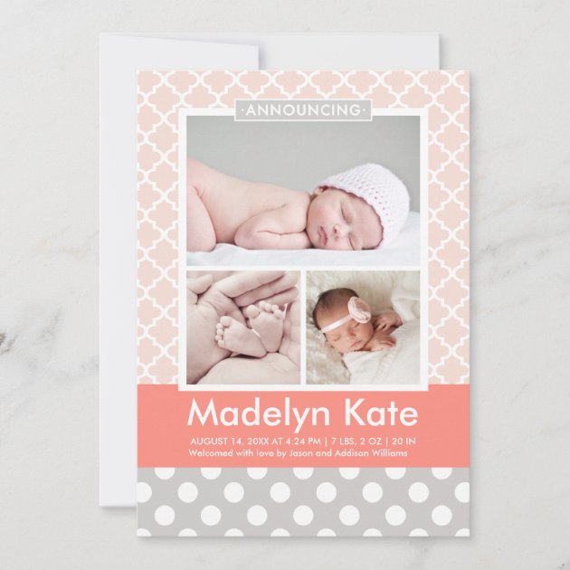 Girl Photo Birth Announcement Card | Chic Pattern