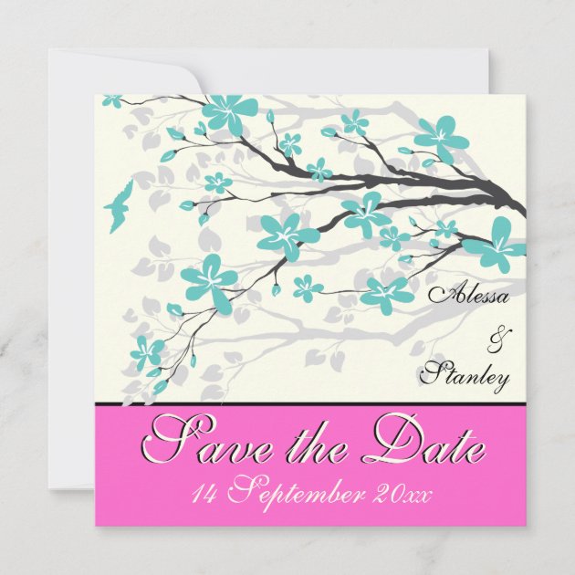 Flowers turquoise, hot pink wedding Save the Date
