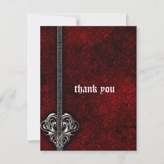 Goth Red Damask Silver Heart wedding Thank You