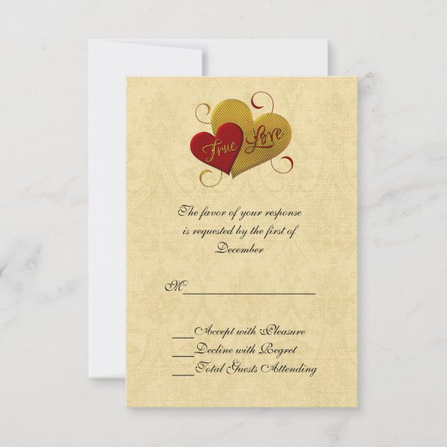 Red and Gold Double Heart Wedding RSVP Card