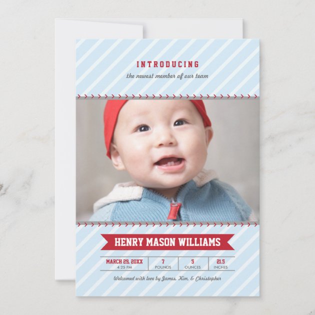 Boy's Photo Birth Announcement Card | Baseball (front side)