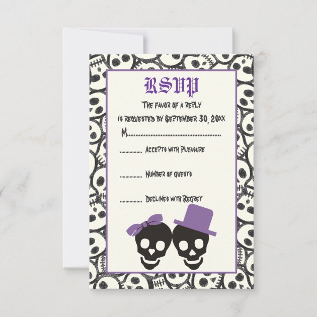 Elegant skulls Halloween purple wedding RSVP card