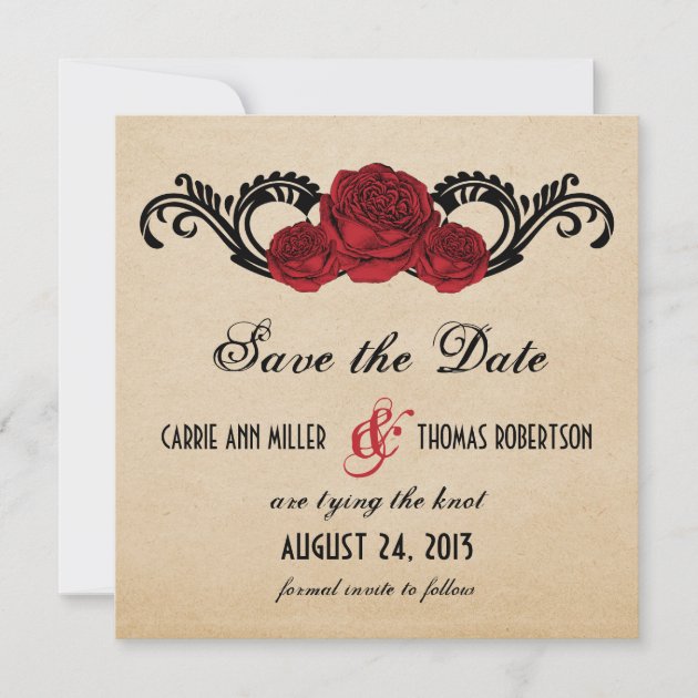 Gothic Swirl Roses Save the Date Invite, Red