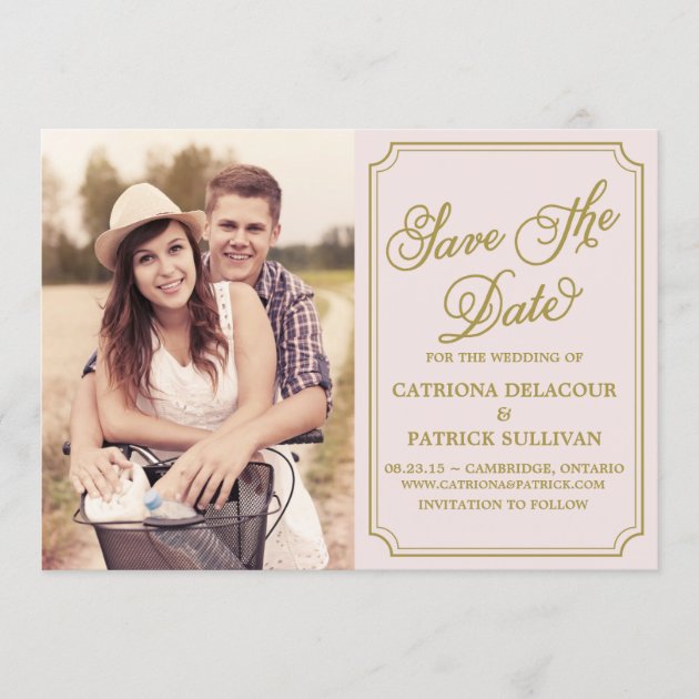 Blush & Gold Whimsical Save the Date Announcement (front side)