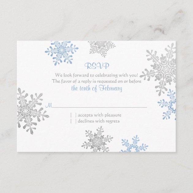 Simple Blue Silver Snowflake Winter Wedding RSVP