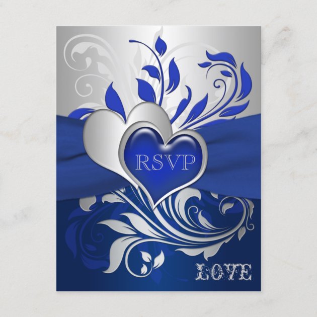 Blue, Silver Scrolls, Hearts RSVP Card