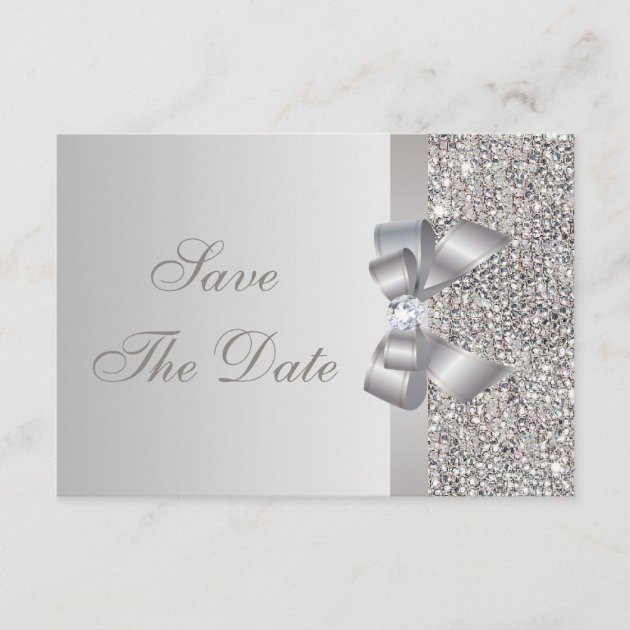 Silver Sequins, Bow & Diamond Save the Date