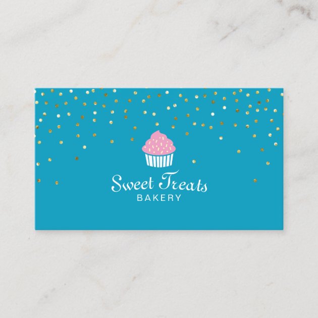 Bakery Cupcake Sweet Treats Confetti Turquoise Business Card (front side)