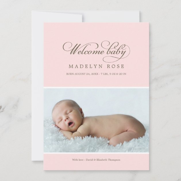 Welcome Baby Photo Birth Announcement Card | Pink (front side)