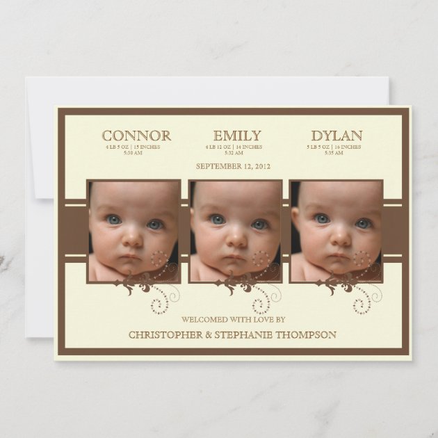 Elegant Triplet Photo Baby Birth Announcement (front side)