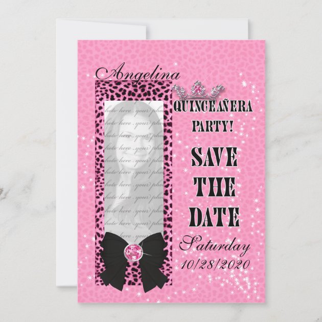 Quinceanera Save the Date Pink Cheetah Print