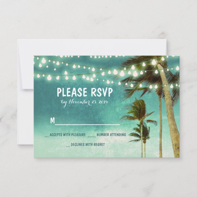 lights & palm trees beach teal wedding RSVP cards (front side)