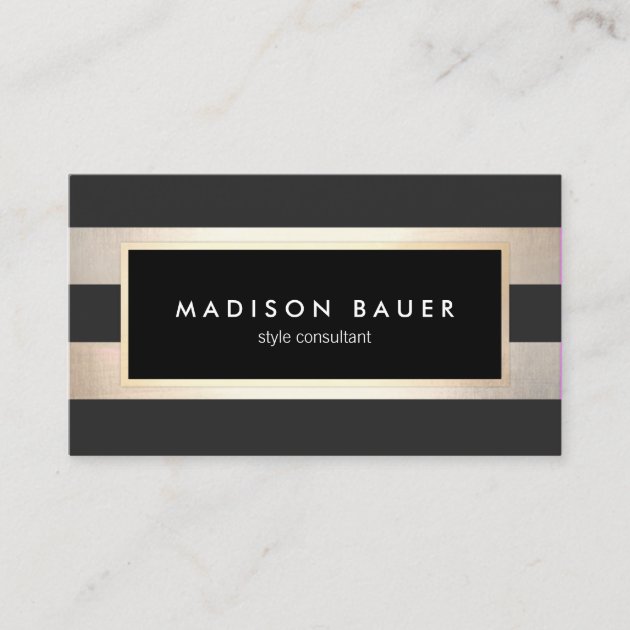 Modern Elegant Striped Trendy Black Gold Foil Business Card (front side)