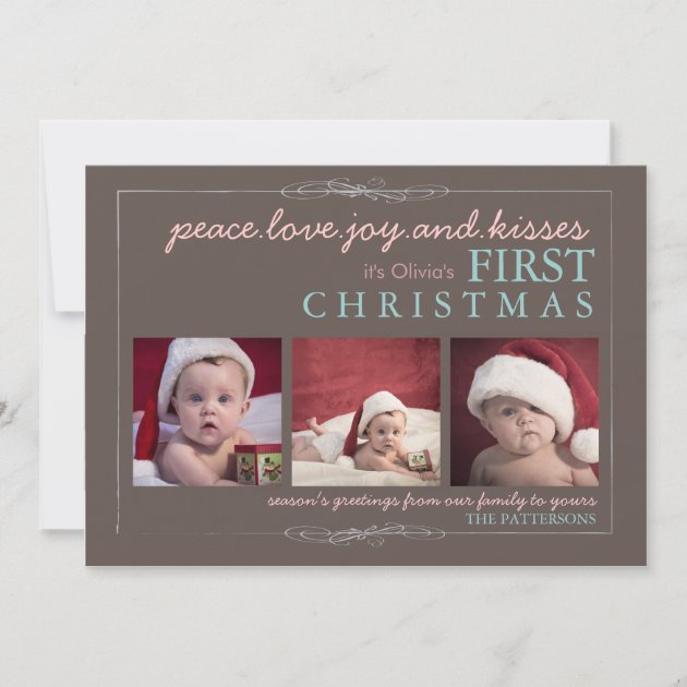 Peace Love Joy Baby's First Christmas Photo Card (front side)