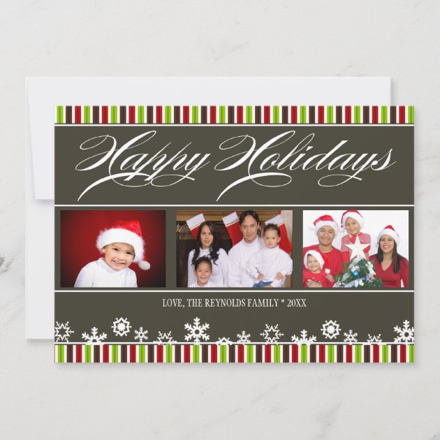 Happy Holidays Snowflake and Stripe Photo Card