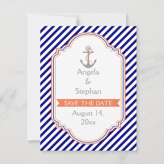 Navy blue, coral nautical wedding Save the Date