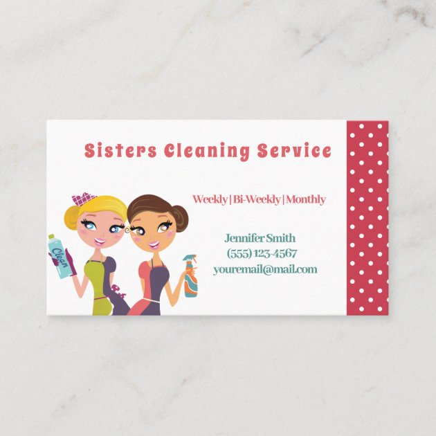 Cute Pink Polka Dot Maid House Cleaning Service Business Card (front side)