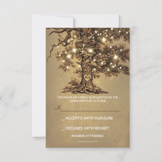 Twinkle Lights Tree Rustic Wedding RSVP card (front side)