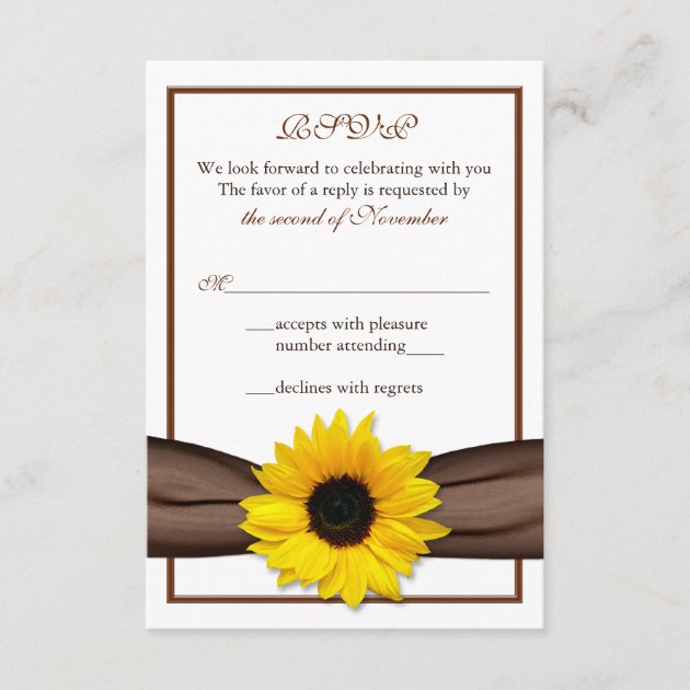 Sunflower Brown Ribbon Wedding RSVP Reply Card