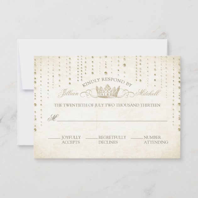 Gold Sparkles & Crown Fairytale Wedding RSVP Card