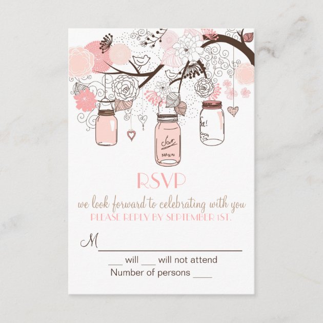 Pink Mason Jars and Love Birds RSVP Wedding Invite