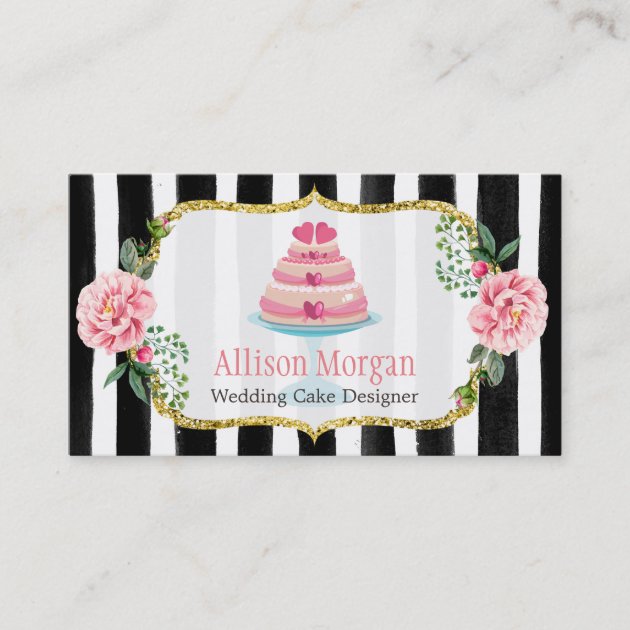 Wedding Cake Design Gold Pink Floral Striped Business Card (front side)