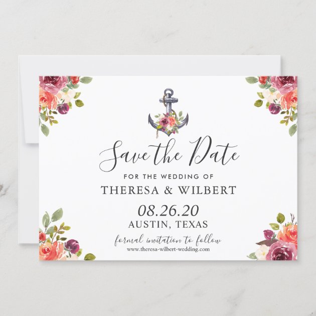 Navy Blue Nautical Anchor Floral Save the Date (front side)