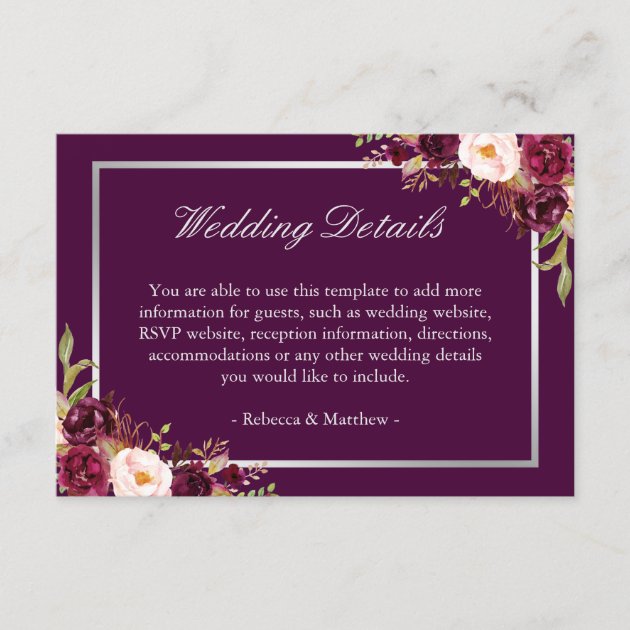 Plum Purple Floral Silver Grey Wedding Details Enclosure Card
