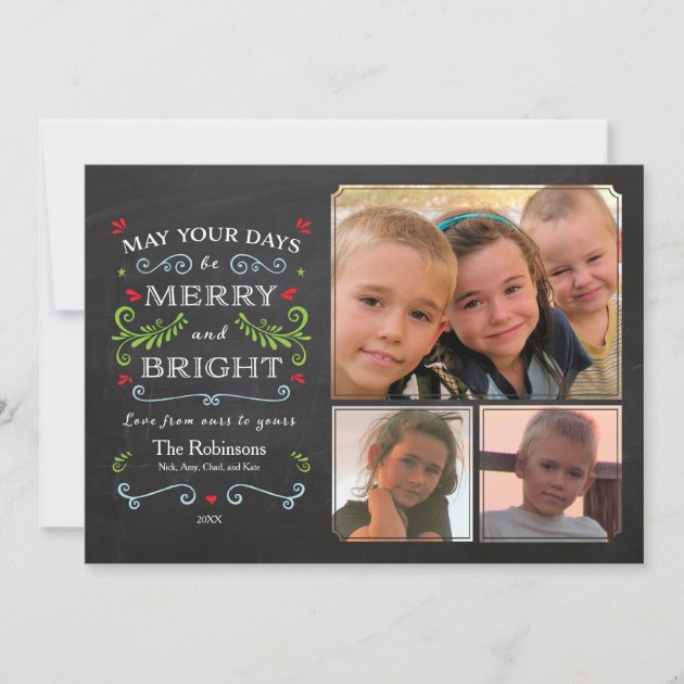 Rustic Whimsical Chalkboard Holiday 3-Photo Card (front side)