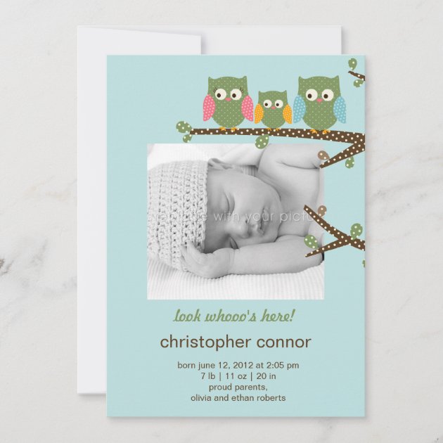 Dotty Owls Baby Boy Birth Announcement (front side)