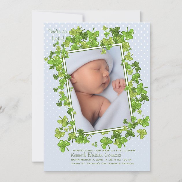 St. Patrick's Baby boy Photo Birth Announcement (front side)
