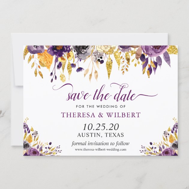 Gold Glitters Purple Floral Wedding Save the Date
