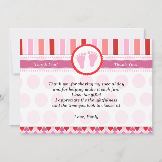 Pink Red Stripes Baby Girl Shower Thank You Card (front side)