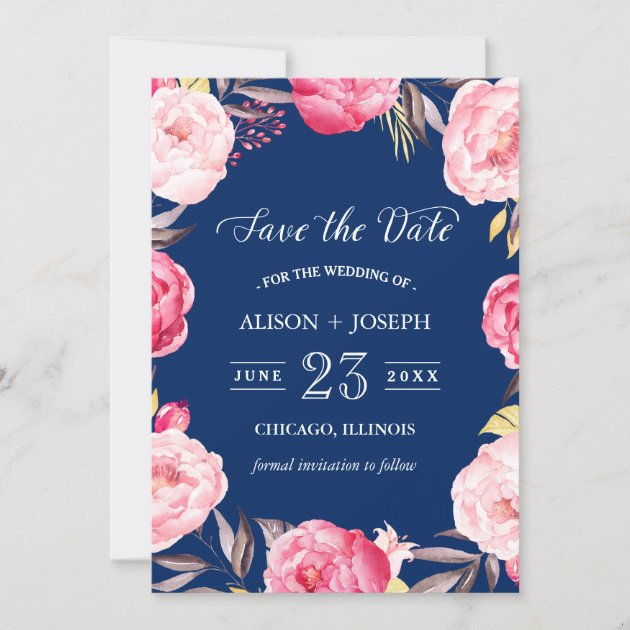 Save the Date | Botanical Floral Wreath Navy Blue