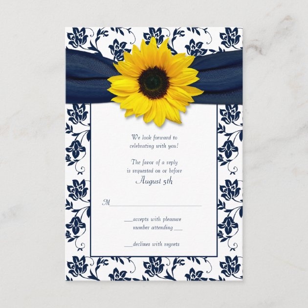 Navy and White Floral Damask Wedding Reply Card