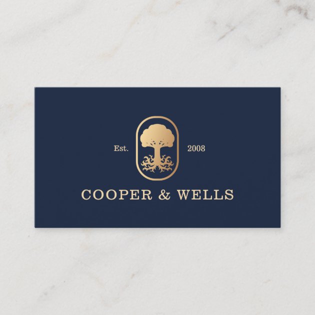 Elegant Professional Tree Roots Logo Navy Business Card (front side)