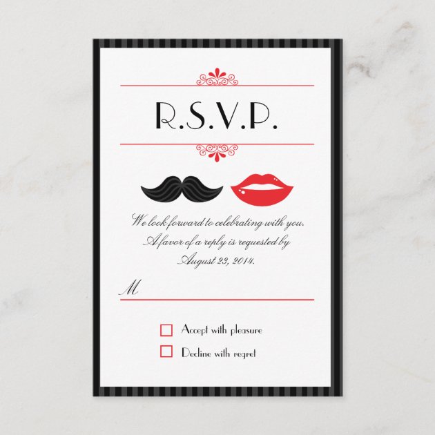 Red, Black & White Mustache & Lips Wedding RSVP