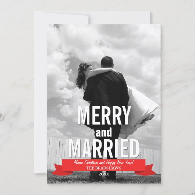 Merry and Married Modern Ribbon Holiday Photo