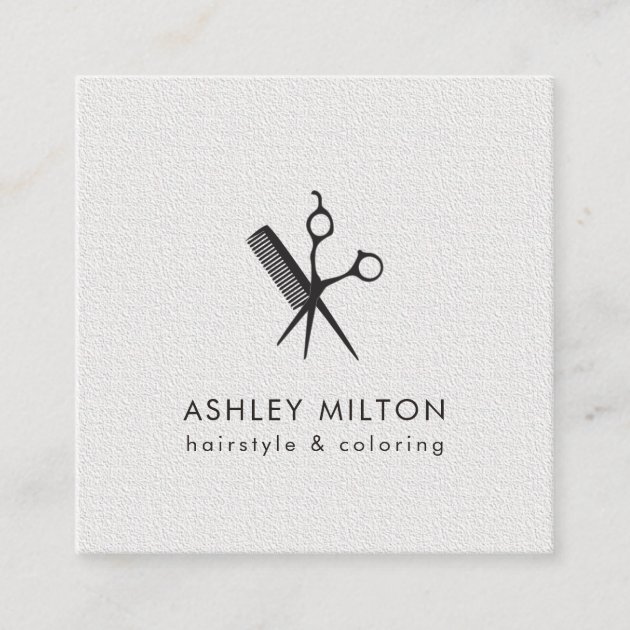 Modern Elegant Black Texture White Hair Stylist Square Business Card (front side)