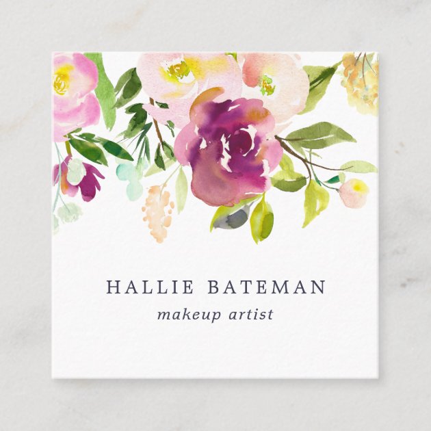 Vibrant Bloom | Modern Watercolor Floral Square Business Card (front side)