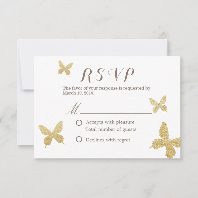 Chic Gold Glitter Butterflies Wedding RSVP Cards (front side)