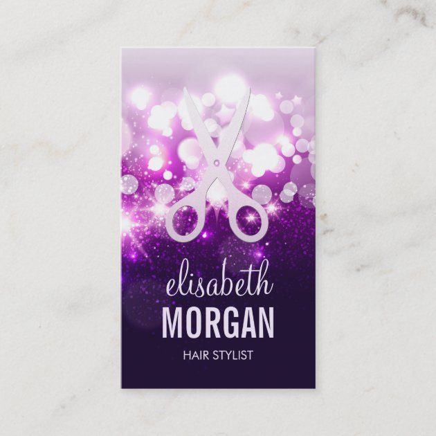 Purple Sparkly and Glitter Scissors - Hair Stylist Business Card (front side)