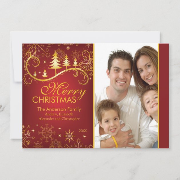 Elegant Red Gold Christmas Tree Holiday Photo Card